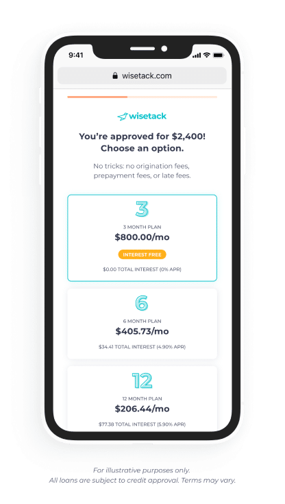 A smartphone screen displays a Wisetack approval message for financing $2,400, perfect for costly needs like stump grinding or emergency tree service. The screen shows three payment options: 3-month plan at $800.00/mo (0% APR), 6-month plan at $405.73/mo (19.99% APR), and 12-month plan at $206.44/mo (