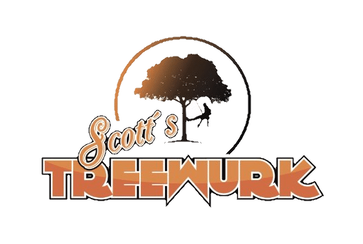 Logo for "Scott's Treewurk" featuring an orange and black color scheme. A silhouette of a tree with leaves inside a circular design is above the text. The word "Treewurk" appears in bold, stylized lettering.