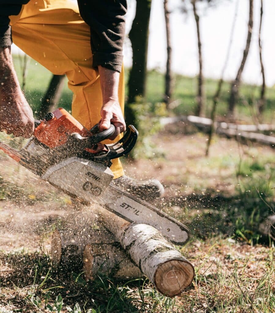 Marietta tree service: Arborist providing tree services using a chainsaw to cut wood.