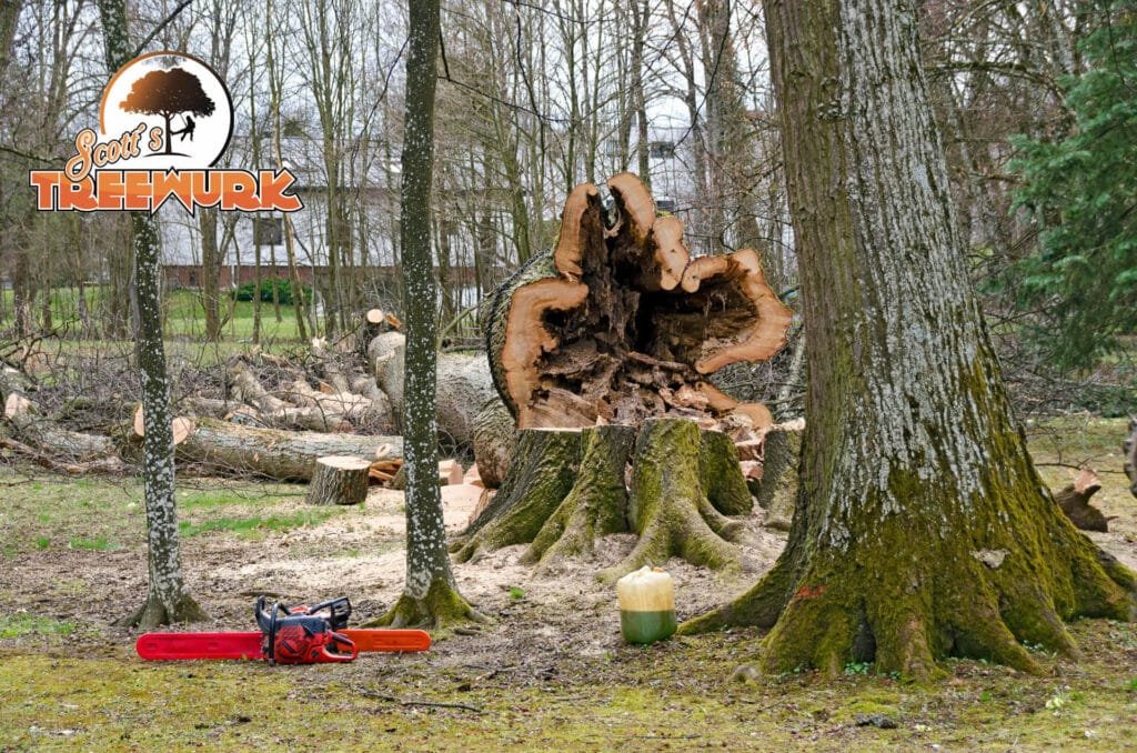 Dead tree cut down with a chainsaw.